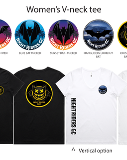 Collection of women's V-neck tees with various designs on a white background