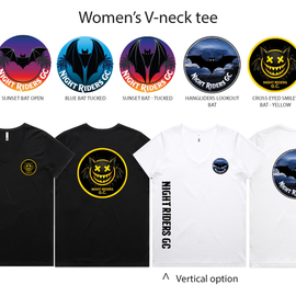 Collection of women's V-neck tees with various designs on a white background