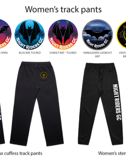 Black track pants with various Night Riders graphics on a white background