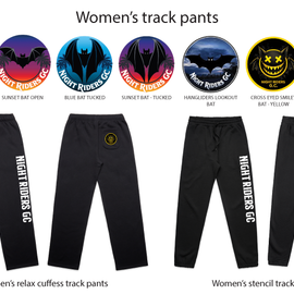 Black track pants with various Night Riders graphics on a white background