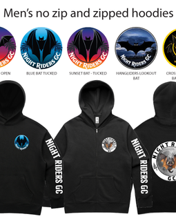 Black hoodies with various designs on a white background