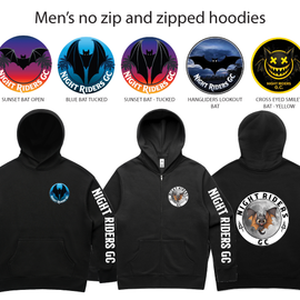 Black hoodies with various designs on a white background