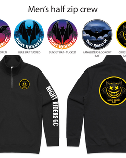 Black half-zip crew sweatshirt with various designs on a white background