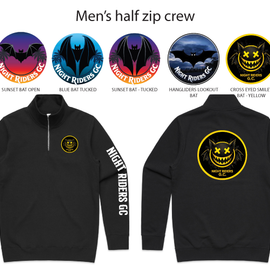 Black half-zip crew sweatshirt with various designs on a white background