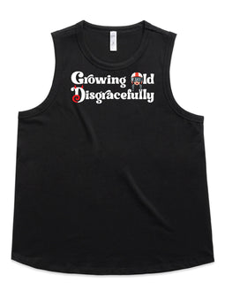 Growing old disgracefully words and devil horns and tail in the D, with lady in helmet on black tank