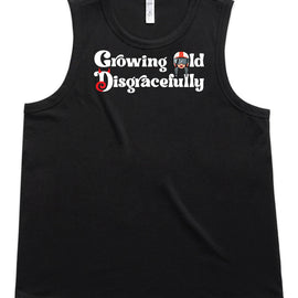 Growing old disgracefully words and devil horns and tail in the D, with lady in helmet on black tank