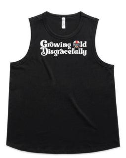 Growing old disgracefully words with lady in helmet on black tank