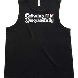 Growing old disgracefully words with lady in helmet on black tank