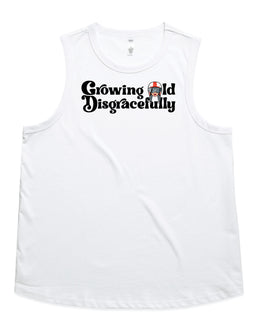 Growing old disgracefully words with lady in helmet on white tank