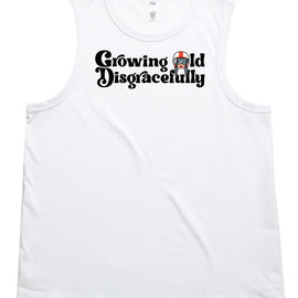 Growing old disgracefully words with lady in helmet on white tank