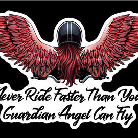 Design of a lady motorbike rider wearing a helmet, with long red hair and gorgeous angel wings. Under her are the words Never ride faster than your guardian angel - as a decal.