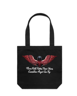 Design of a lady motorbike rider wearing a helmet, with long red hair and gorgeous angel wings. Under her are the words Never ride faster than your guardian angel - on a black tall tote