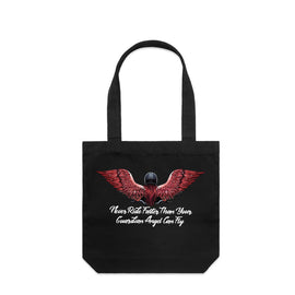Design of a lady motorbike rider wearing a helmet, with long red hair and gorgeous angel wings. Under her are the words Never ride faster than your guardian angel - on a black tall tote