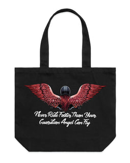 Design of a lady motorbike rider wearing a helmet, with long red hair and gorgeous angel wings. Under her are the words Never ride faster than your guardian angel - on a black wide tote bag