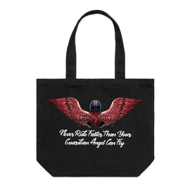 Design of a lady motorbike rider wearing a helmet, with long red hair and gorgeous angel wings. Under her are the words Never ride faster than your guardian angel - on a black wide tote bag