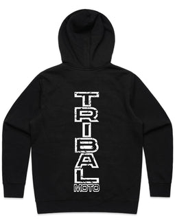 This design includes the words TRIBALMOTO vertically in black and white on a black hoodie