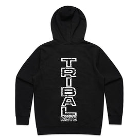 This design includes the words TRIBALMOTO vertically in black and white on a black hoodie