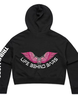 Design of motorbike in front of open blue wings and the words Life Behind Bars across the bottom on a black cropped hood