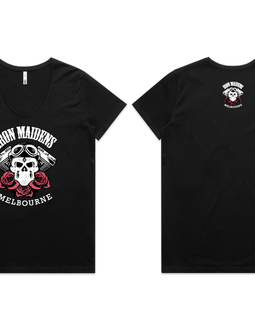 Black t-shirt with skull and crossbones design on front, and logo on back, on a white background