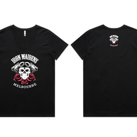 Black t-shirt with skull and crossbones design on front, and logo on back, on a white background