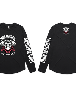 Black long-sleeve shirt with 'Iron Maiden' branding on a white background