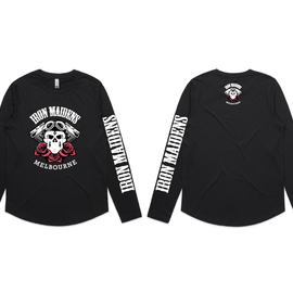 Black long-sleeve shirt with 'Iron Maiden' branding on a white background