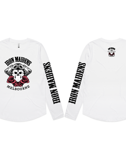 White long-sleeve shirt with Iron Maiden logo and text on a white background