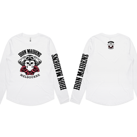 White long-sleeve shirt with Iron Maiden logo and text on a white background