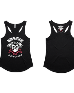 Black tank top with skull design and text on a white background