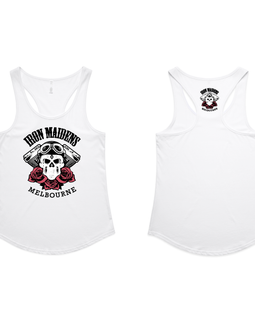 White tank tops with graphic designs on a white background