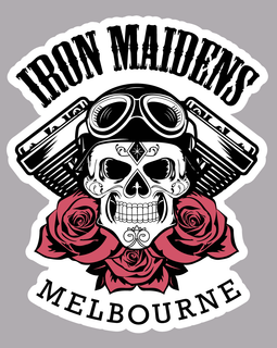 Skull with goggles and roses surrounded by 'Iron Maidens Melbourne' text on a gray background
