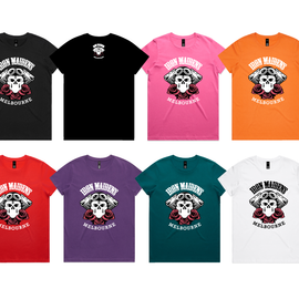 Collection of t-shirts in various colors with a common design on a white background