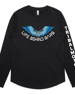 Design of motorbike in front of open blue wings and the words Life Behind Bars across the bottom on a black long sleeved tee