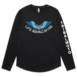 Design of motorbike in front of open blue wings and the words Life Behind Bars across the bottom on a black long sleeved tee