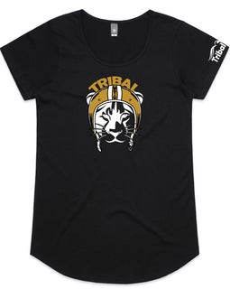 Black mali scoop neck tee with Tribal lioness wearing helmet design.
