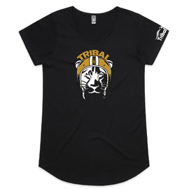 Black mali scoop neck tee with Tribal lioness wearing helmet design.