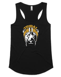 Tribal lioness design on black racer back tank