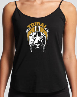 Tribal lioness design on black string singlet
