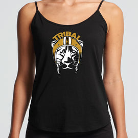 Tribal lioness design on black string singlet