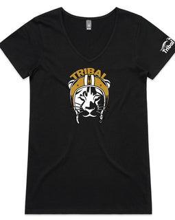 Black vneck tee with Tribal lioness wearing helmet design.