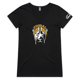 Black vneck tee with Tribal lioness wearing helmet design.
