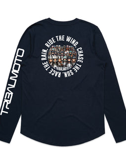 Black long sleeved tee with a design of motorcycle lady riders and the words Ride the wind, Chase the sun, Race the rain in a circle around the outside.