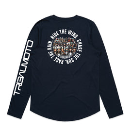 Black long sleeved tee with a design of motorcycle lady riders and the words Ride the wind, Chase the sun, Race the rain in a circle around the outside.