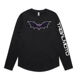 Black long sleeved tee with image of motorbike with bat wings and words TribalMoto on sleeve.