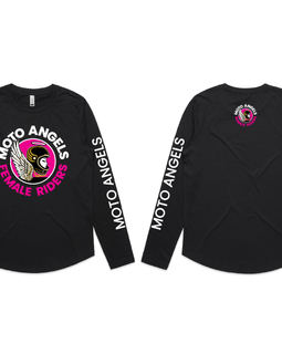 Black long-sleeve shirt with Moto Angels logo on a white background