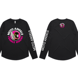 Black long-sleeve shirt with Moto Angels logo on a white background