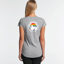 Grey marle ladies tee with image of mountains, rainbow sky and words in a circule race the rain, ride the wind, chase the sun