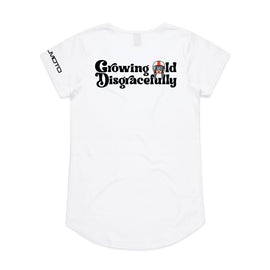 Growing old disgracefully words with lady in helmet on tee - white