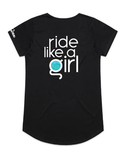 Ladies ride like a girl aqua design on a black tee