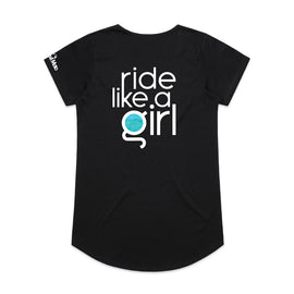 Ladies ride like a girl aqua design on a black tee